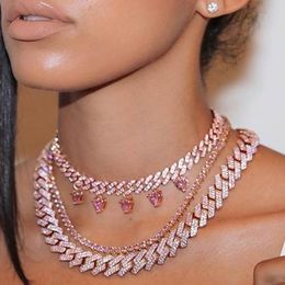 Mode Nieuwe Aangekomen Vriendin Minnaar Gift Sieraden Roze Wit Hart Kubieke Zirkonia CZ Charm Cubaanse Ketting Choker Ketting Roze Sieraden