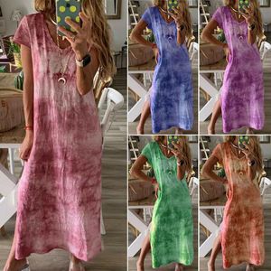 Moda Nuevo estilo de playa para mujer Tie Dyeing Print Étnico Boho Algodón Lino Cuello en V Manga corta Side Split Maxi Dress Plus Size XXL