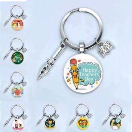 Mode nouveau cher enseignant rond verre porte-clés à la main bricolage livre stylo décoration pendentif porte-clés journée de l'enseignant cadeau Souvenir