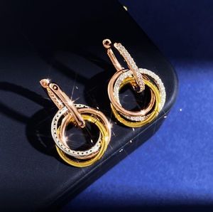 Mode nieuw ontwerp triple ringen drie kleuren hanger ketting volledige diamanten oorbel Designer Sieraden T0287