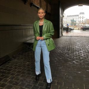 Mode- Nieuwe Designer Green Lederen Jas Dames Single Breasted Turn Down Collar Coat Vrouwelijke Mode Slanke Lange Lederen Jas