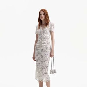 Fashion Nieuwe Designer Summer Lace Midi White Black -jurken met voering Diamant verfraaid sexy diner rok Dames FZ Brand