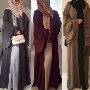 Mode Nieuwe Dubai Abaya Kaftan Turkse Moslim Vrouwen Effen Kleur Jurk Kleding Islamitische Drie Verdiepingen Trompet Mouw Jurken Gewaad Mu271g