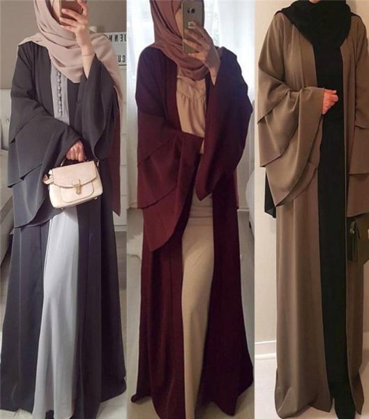 Moda Nueva Dubai Abaya Kaftan Mujeres musulmanas turcas Vestido de color sólido Ropa Islámica Tres pisos Vestidos de manga de trompeta Túnica Mu9036509