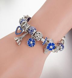 Fashion New Fashion Des créateurs de perles Fit P Diy Blue Drops Flowers Oil Flowers Eiffel Tower Perge Breads Bracelet For Women Charm Jewelry9013409