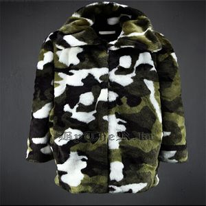 Mode-nieuwe mode heren faux bontjas camouflage warm konijn warme jas heren winter lederen jassen revers