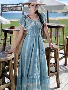 Mode Nieuwe Franse Retro Blue Patchwork Tassels Geplooed Long Dress Summer Women 2023 Vakantie Slim Avond Party Robe Femme Boho