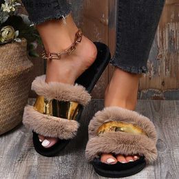 Fashion New Keep Winter Cootelili Warm Slippers 2024 Chaussures pour les femmes avec un talon plat noir
