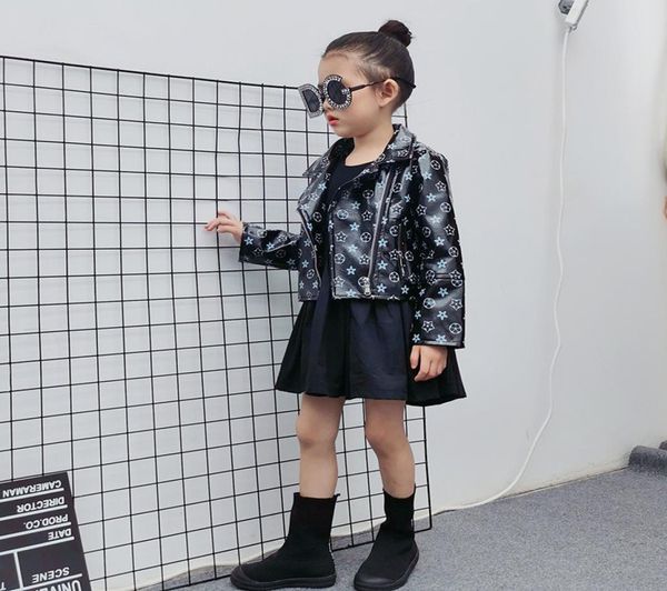 Fashion New Kids Pu Leather Jacket Outwear Boys Girls Black Imprimé à manches longues Veste à glissière