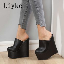 Fashion New Liyke 2022 Round Baotou Slip-On Plateforme Pumps Femme Chaussures Pantoufles Black High Heels Party Robe Wedge Sanda 48d6