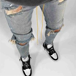 Mode nieuwe mannen jeans knie gat gescheurd stretch skinny denim broek vaste kleur zwart blauw herfst zomer hiphop stijl slanke broek broek lST jeans paars paars