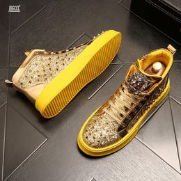 Fashion New Men's Gold pailled avec des chaussures en cuir décontractées surélevées Sports Bottins de cheville A6 668 35346