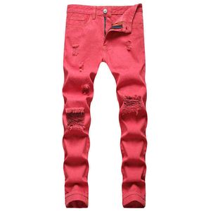 Mode nieuwe heren jeans groot formaat hoge sterkte bleken en verven rood gat rechte vierseizoen jeans 90s vriendje jeans G0104