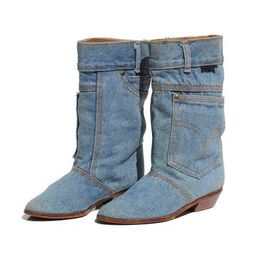 Mode nouveau mi-mollet bottes femmes chaussures talon bas bottes décontractées dames jean en cuir bout pointu bottes de cow-boy grande taille BeautyFeet Y1105
