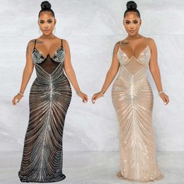 Fashion New Product Hot Diamond Sexy Sling Wrapped Play Mesh Perspective Vestido largo F41090