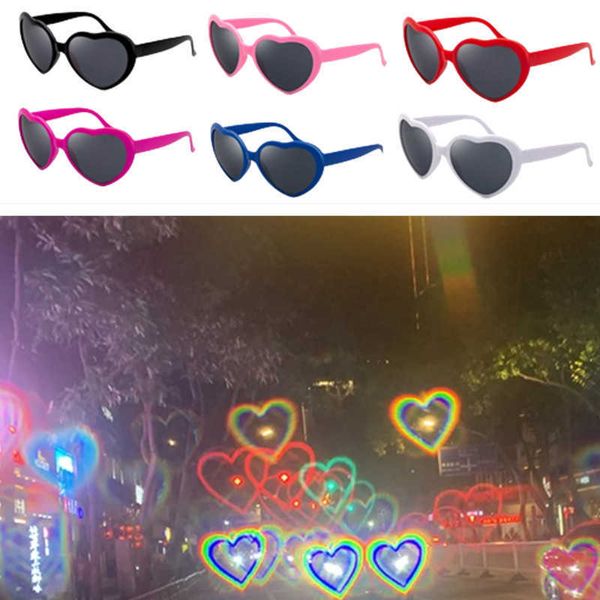 Moda nuevo estilo amor en forma de corazón gafas con efectos ver las luces cambiar a forma en la noche difracción mujeres gafas de sol