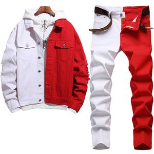 Mode nouveaux survêtements couture conception bicolore ensembles pour hommes rouge et blanc automne veste en jean correspondant jean extensible mince Tw2756