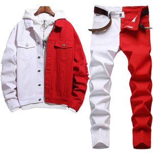 Mode nouveaux survêtements couture conception bicolore ensembles pour hommes rouge et blanc automne veste en jean correspondant jean extensible mince Tw2076