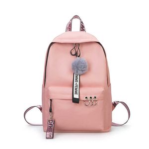 Nueva mochila de lona a la moda para mujer, bonita cinta de bola de pelo para adolescentes, mochila escolar para estudiantes, bolsa de viaje de hombro de gran capacidad para niñas B82 X0529