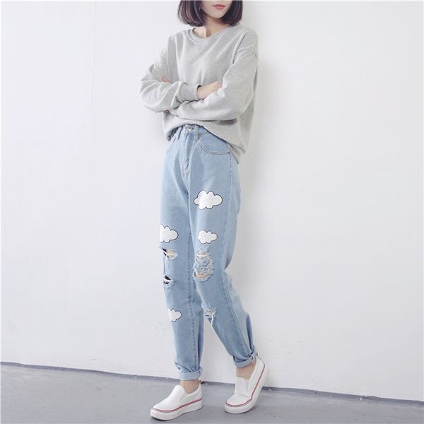 Moda - Nuovi jeans da donna Jeans strappati con stampa nuvola Jeans slim in cotone vintage a vita alta con polsini da fidanzato per pantaloni Harem da donna