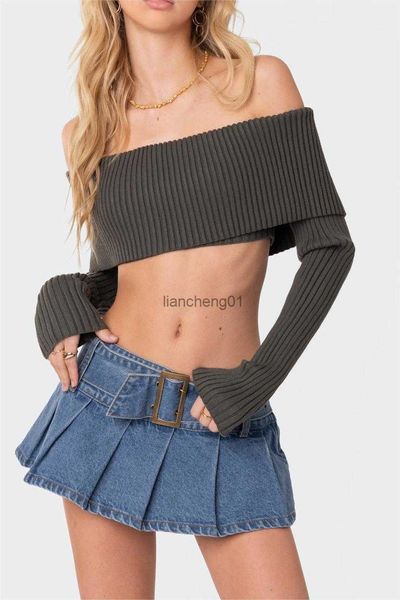 Mode Nouvelles Femmes Sexy Crop Tops Couleur Unie Slash Neck T-shirt À Manches Longues Montrant Le Nombril Clubwear Skin Friendly S M L L230619