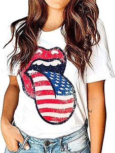 Fashion New Womens American Flag Lips T-Shirt Drôle 4 Juillet Jour de l'Indépendance Graphic Tees Tops