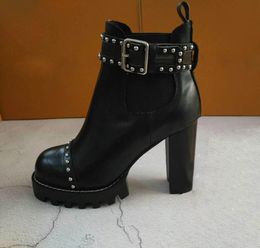 Mode femmes bottes chevalier Cowboy chaussures plate-forme cheville en cuir véritable boucle concepteur hiver noir Size35-42