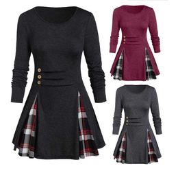 Mode nouvelles femmes col rond et manches longues plaid jupe Lagest dames fête robes décontractées taille L-5XL