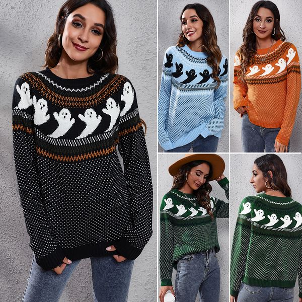 Mode Nouveaux Chandails pour Femmes Col Rond Tricot Manches Longues Halloween Fantôme Rétro À Pois Femmes Lâche Automne Et Hiver Tricot Plus Taille S-XXL