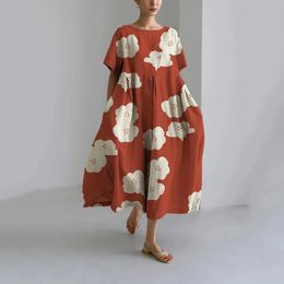 Mode Niche Floral Gedrukte vrouwen Midi -jurken Casual Simple Round Neck korte mouw losse taille vrouwelijke grote swing jurk 240412