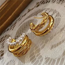 Mode Niche Français Perle Boucles D'oreilles Dames Tissé Rétro Métal Cercle Plaqué Or Boucles D'oreilles Bijoux Pour Femmes