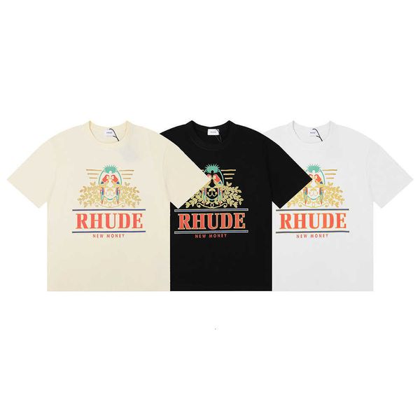 Moda Niche Rhude cola larga estampado de loro Hip-hop Unisex suelta Casual Camiseta de manga corta