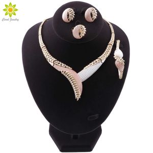 Mode femmes nigérianes mariage perles africaines ensemble de bijoux couleur or collier boucles d'oreilles Bracelet anneau Dubai cadeau de mariée H1022