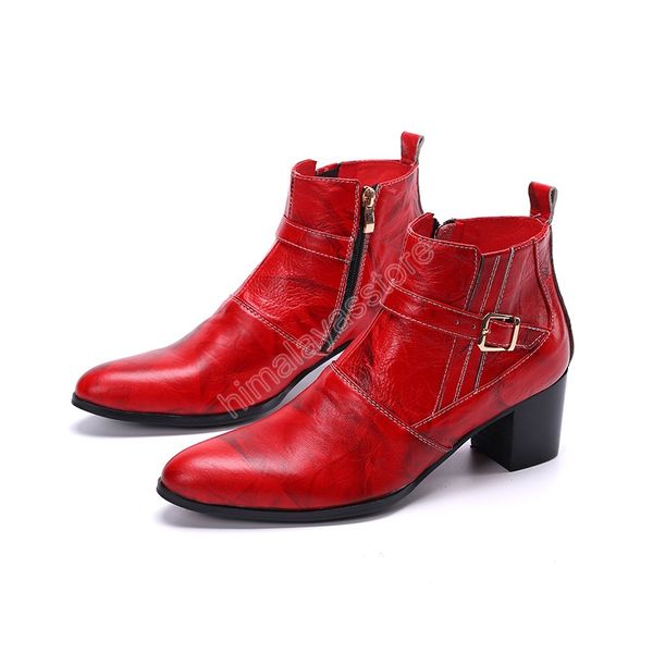 Bottines à talons hauts pour hommes, chaussures de soirée en cuir véritable à bout pointu rouge, bottes courtes de danseuse