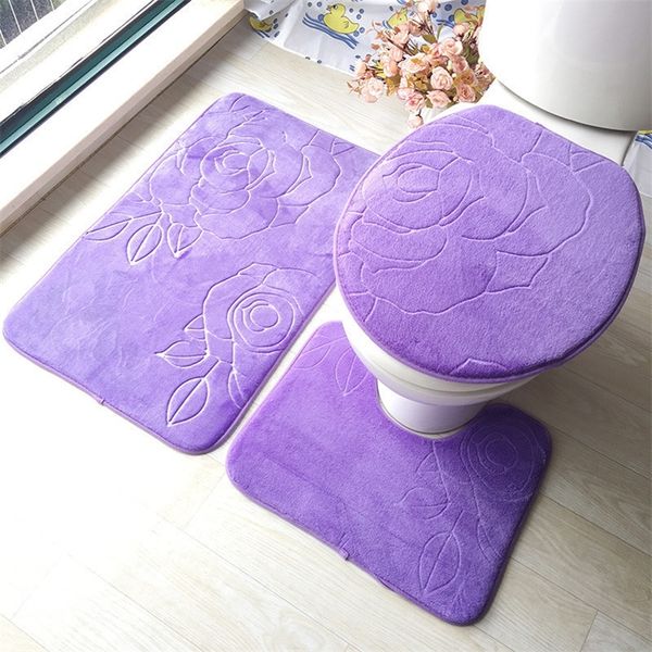 Mode anti-dérapant couvercle de toilette couverture tapis de bain tapis ensemble tapis pour salle de bain et siège de toilette couverture tapis de sol 3pcs bleu blanc violet T200102