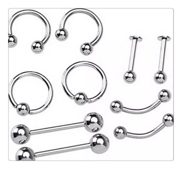 Moda Nariz Anillos Mezcla Plata Acero inoxidable Ombligo Vientre Labio Pezón Ceja Oreja Espárragos Barra Anillo Bola Piercing Kit Joyería del cuerpo