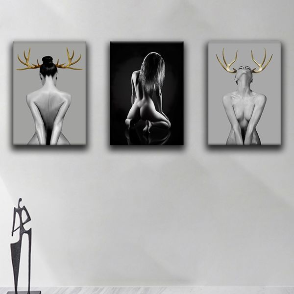 Moda Nude Woman Canvas Art Pintura de arte en blanco y negro Modelo desnudo Sexy Naked Coster Estampados Beauty Body Fotografía Fotos de pared para la decoración del dormitorio