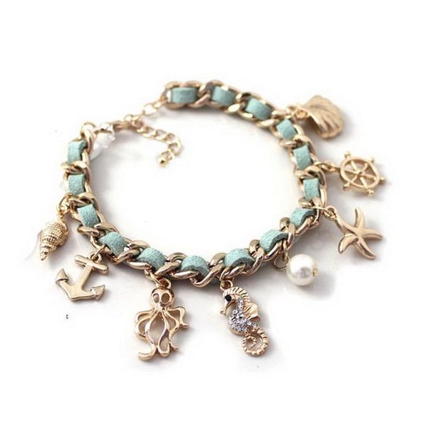 Fashion Ocean Series Bracelet Anchor Rudder Starfisf Shelon Seahorse Octopus Pearl Charms Sea Element Bohemia Style Bracelet284S