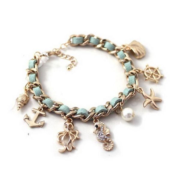 Pulsera de moda serie con diseño marino, ancla, timón, estrella de mar, concha, caballito de mar, pulpo, abalorios de perlas, elemento marino, estilo bohemio, pulsera 323B