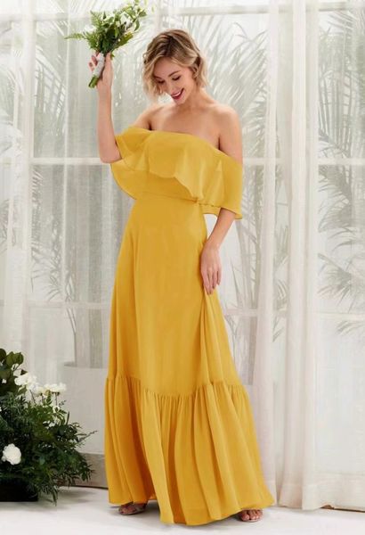 Vestidos de noche de moda fuera del hombro Yelloew Chiffon Una línea de dama de dama de honor de longitud