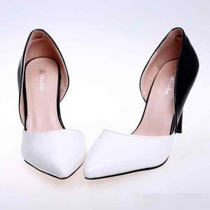 Mode Bureau Carrière Femmes Soirée Mariage Chaussures De Mariée 9 CM Talons PU Blanc et Noir Chaussures En Cuir Verni pour Femmes Bout Pointu