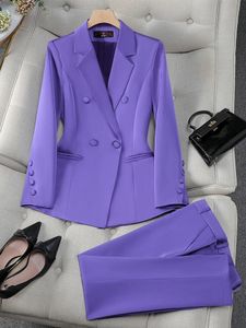 Mode bureau dames pantalon formel costume ensemble femmes bleu rose jaune femme affaires vêtements de travail 2 pièces Blazer veste et pantalon 240219