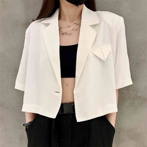 Mode Kantoor Dame Single Botton Solid Woman Blazers Zomer Half Mouw Losse Jas Notched Collar Casual Simple Tops 210519