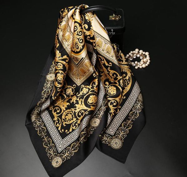 Mode peinture à l'huile écharpe boussole dorée foulard en soie foulards en Satin 90 grand foulard carré Female5169575