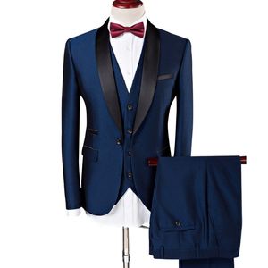 Mode Un Bouton Bleu Marié Tuxedos Châle Revers Hommes Fête De Mariage Garçons D'honneur 3 pièces Costumes (Veste + Pantalon + Gilet + Cravate) K67