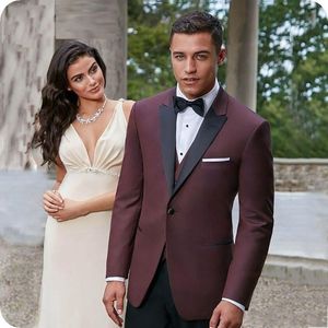 Costumes de mariage bordeaux à un bouton pour hommes, trois pièces à revers, Tuxedos de marié d'affaires (veste + pantalon + gilet + cravate) W1008