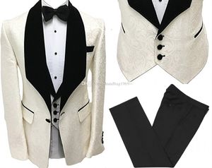 Fashion One Button Ivory Embossing Bruidegom Tuxedos Sjaal Revers Groomsmen Mens Past Bruiloft / Prom / Diner Blazer (jas + Broek + Vest + Tie) K173