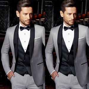 Mode One Button Light Grey Wedding Men Suits Sjaal Revers Drie Stuks Zakelijke Bruidegom Tuxedos (jas + Broek + Vest + Tie) W997