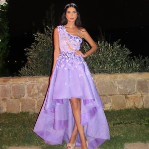 Mode een schouder prom jurk kant bloem appliques mouwloze high-low celebrity feestjurk sexy glamoureuze avondjurk formele jurk