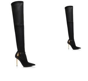 Mode Opyum noir SUEDE CUIR CADENAS genou BOOT Talons hauts Zip bobine Talons Sexy Femmes Booty Dames Bottes Bottines EU35-43 boîte